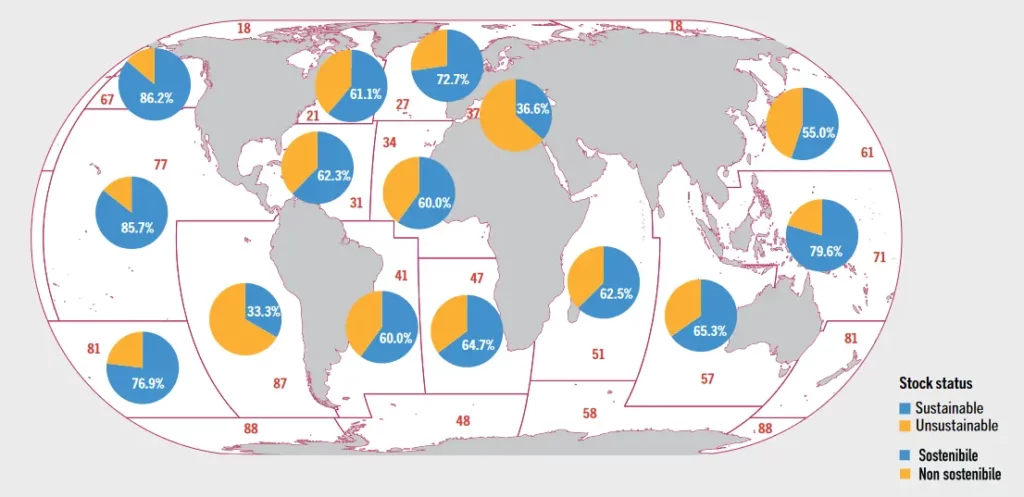Percentuale degli stock ittici considerati biologicamente sostenibili nelle maggiori area di pesca nel 2019 -Percentage of fish stocks considered biologically sustainable in major fishing areas in 2019 © FAO, SOFIA 2022